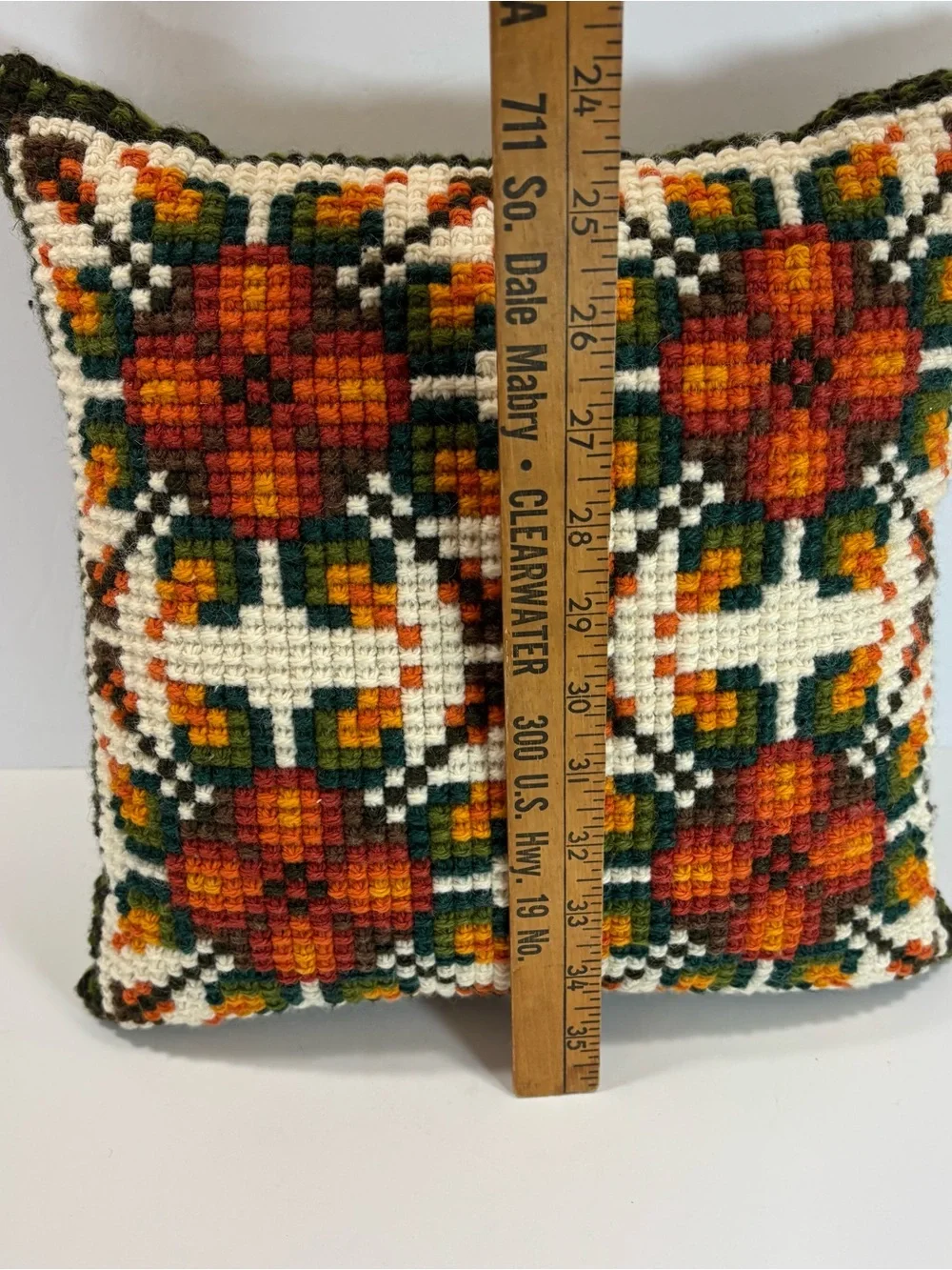 Vtg 60s 70s Completed Bargello Needlepoint Accent Pillow Orange Floral Groovy